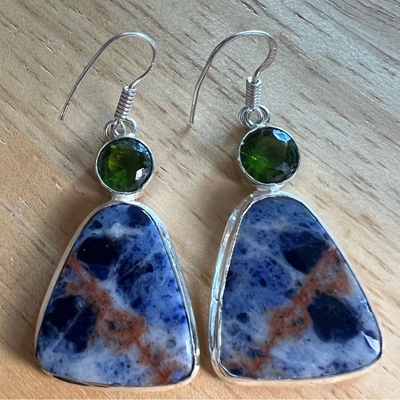 New Sodalite Stone Silver Overlay Hook Earrings - Picture 6 of 9